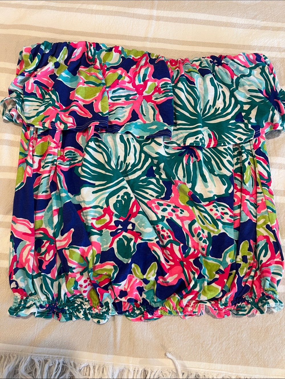 Lilly Pulitzer Navy Pink Green Floral Ruffle Strapless Crop Top